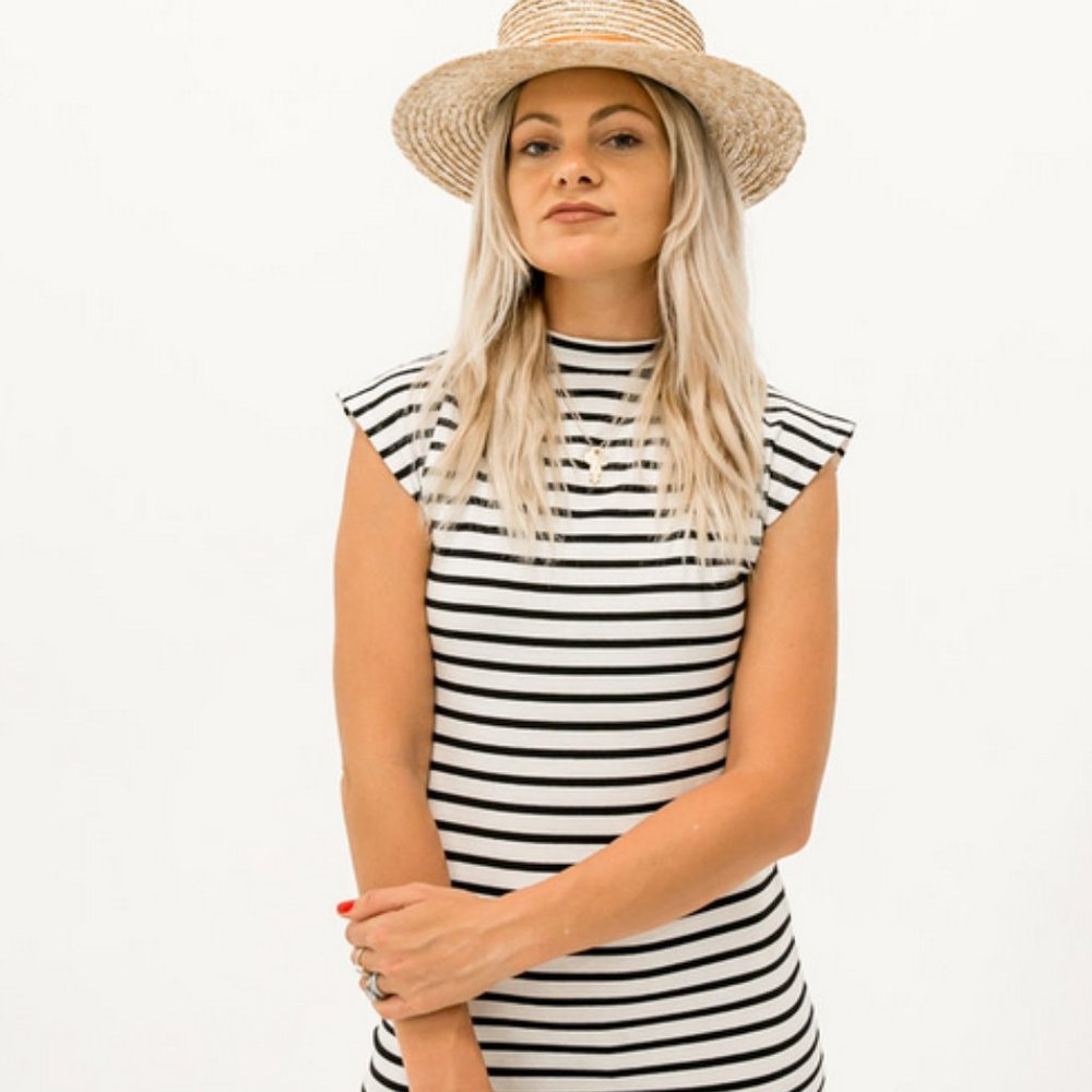 Elegantees Dressember Caitlin Dress in Black And White Stripe NWT